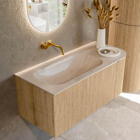 MONDIAZ KURVE-DLUX Meuble de salle de bains 105cm arrondi à droite couleur Chêne avec 1 tiroir et 1 porte. Lavabo BIG SMALL à gauche sans trou de robinet Meli. SW1431565