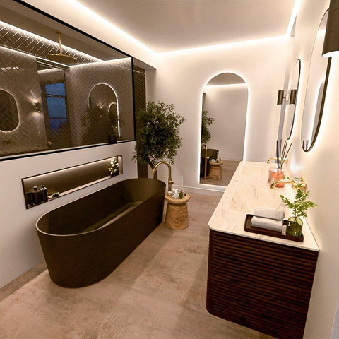 Mondiaz CIRO-DLUX Meuble de salle de bains ensemble - 190x45x50cm - lavabo solid surface Ostra - 2 vasques double - sans trous de robinet - 4 tiroirs - Noyer SW1530425