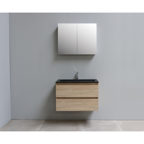 Basic Bella Meuble salle de bains avec lavabo acrylique Noir avec armoire toilette 2 portes gris 80x55x46cm 1 trou de robinet Chêne SW491901
