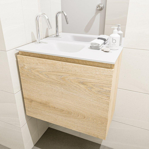 MONDIAZ OLAN Fonteinset - 60x30x40cm - 1 kraangat - 1 lade - washed oak mat - wasbak links - Solid Surface Wit SW473449