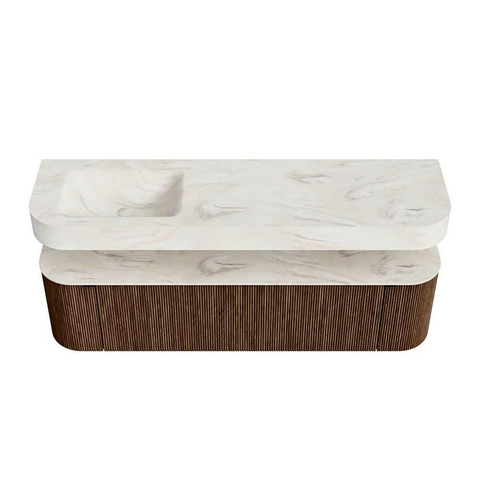 MONDIAZ THOR-DLUX 170cm badmeubel ronding links + rechts kleur Walnut met 1 lade en 2 deuren. Vrijhangende wastafel CLOUD Links zonder kraangat kleur Ostra. SW1465597