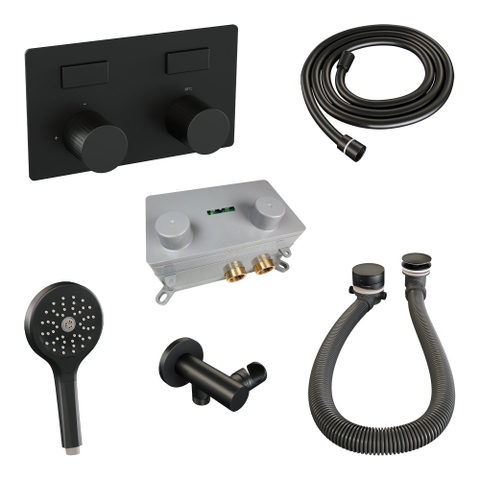 BRAUER Stripe Mitigeur thermostatique de baignoire - boutons-poussoirs - SET 03 - encastré - combinaison de remplissage de baignoire - douchette à main barre - flexible de douche - coude mural - noir mat SW1435126