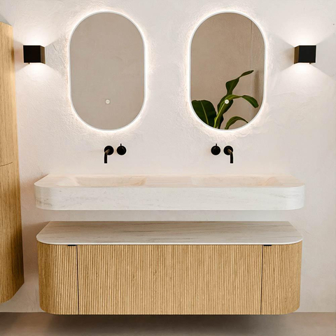 MONDIAZ THOR-DLUX 150cm meuble de salle de bains arrondi gauche + droite couleur Oak avec 1 tiroir et 2 portes. Vasque suspendue CLOUD Double sans trou de robinet couleur Meli. SW1464762
