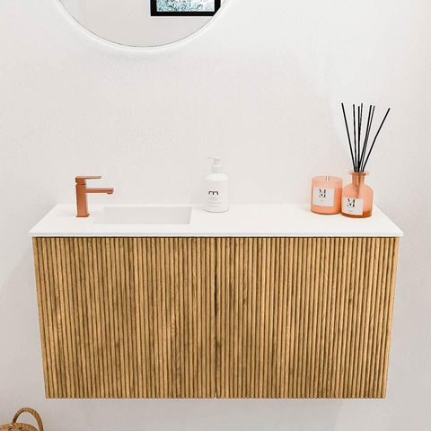Mondiaz JOYA 80cm toiletmeubel - kleur Oak - Wastafel FAYE positie Links 1 kraangat kleur Talc. SW1421110
