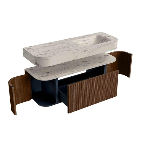 MONDIAZ THOR-DLUX 130cm meuble de salle de bains arrondi gauche + droite couleur Walnut avec 1 tiroir et 2 portes. Vasque suspendue CLOUD Droite 1 trou de robinet couleur Nata. SW1463864