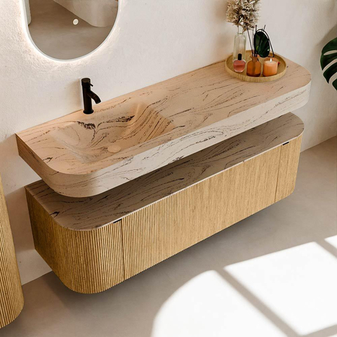 MONDIAZ THOR-DLUX 150cm badmeubel ronding links + rechts kleur Oak met 1 lade en 2 deuren. Vrijhangende wastafel CLOUD Links 1 kraangat kleur Arena. SW1464714