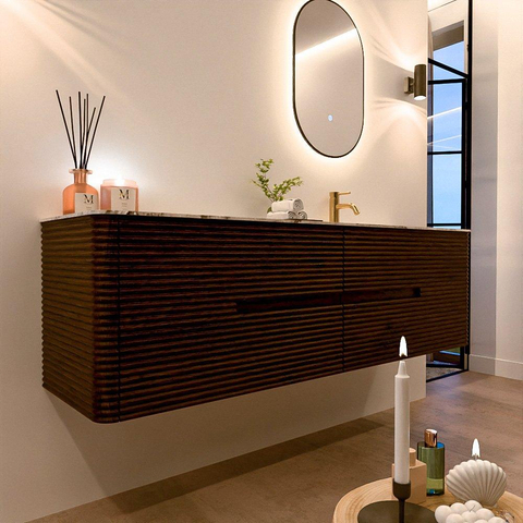 Mondiaz CIRO-DLUX Badkamermeubelset - 170x45x50cm - Solid surface wastafel Glace - 1 wasbak Rechts - 1 kraangat - 4 lades - Walnut SW1530266
