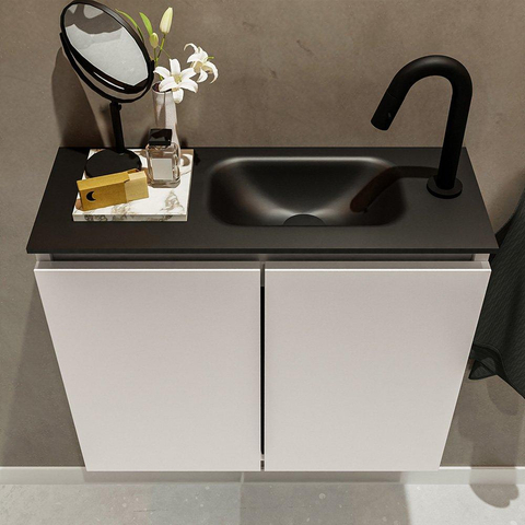 MONDIAZ TURE Fonteinset - 60x23x50cm - 1 kraangat - 2 deuren - linen mat - Wasbak rechts - Solid Surface Zwart SW475446