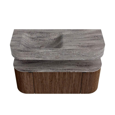 MONDIAZ THOR-DLUX Meuble de salle de bains 110cm arrondi gauche + droite couleur Walnut avec 1 tiroir et 2 portes. Vasque suspendue CLOUD Gauche sans trou de robinet couleur Oza. SW1462986
