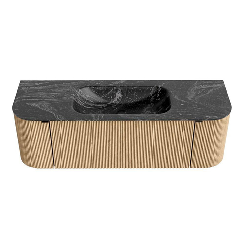 MONDIAZ KURVE-DLUX Meuble de salle de bains 140 cm avec module 25 Len R couleur Oak avec 1 tiroir et 2 portes. Plan vasque BIG SMALL central sans trou de robinet couleur Lava. SW1138161