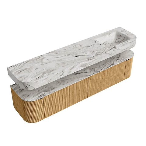 MONDIAZ THOR-DLUX 200cm badmeubel ronding links + rechts kleur Oak met 2 lades en 2 deuren. Vrijhangende wastafel CLOUD Rechts 1 kraangat kleur Glace. SW1466952