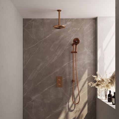 Ensemble de douche pluie encastré Brauer Copper Carving - douche principale 20cm - bras plafond 20cm - 2 fonctions - glijstang - incluant partie encastrable - douchette ronde 3 positions - PVD - cuivre brossé SW715763