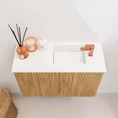 Mondiaz JOYA 60cm toiletmeubel - kleur Oak - Wastafel FAYE positie Rechts 1 kraangat kleur Talc. SW1421097