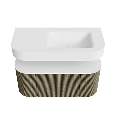 MONDIAZ THOR 100cm meuble de salle de bains arrondi gauche + droite couleur Shadow avec 1 tiroir et 2 portes. Vasque suspendue CLOUD Droite sans trou de robinet couleur Talc. SW1467440