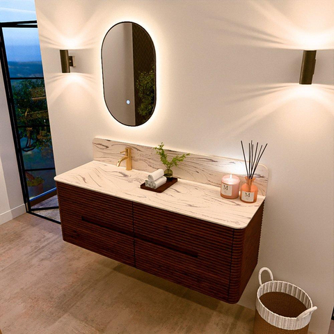 Mondiaz CIRO-DLUX Meuble de salle de bains - 140x45x50cm - Plan vasque solid surface Nata - 1 lavabo à gauche - 1 trou de robinetterie - 4 tiroirs - Ruby SW1532048