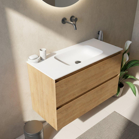Saniclass Holz Pure Badkamermeubelset - 100x45x61.5cm - Flow solid surface wastafel wit - 1 wasbak - zonder kraangat - 2 lades - mat eiken natural (hout) SW1478396