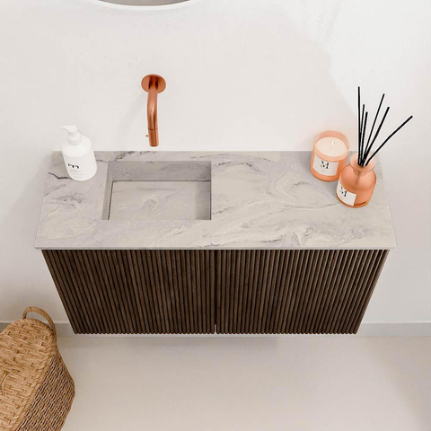Mondiaz JOYA-DLUX 70cm toiletmeubel - kleur Walnut - Wastafel FAYE positie Links Zonder kraangat kleur Glace. SW1422341