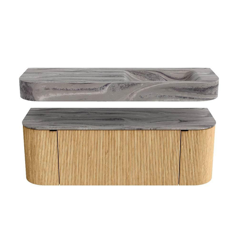 MONDIAZ THOR-DLUX 130cm badmeubel ronding links + rechts kleur Oak met 1 lade en 2 deuren. Vrijhangende wastafel CLOUD Rechts 1 kraangat kleur Sombra. SW1464045