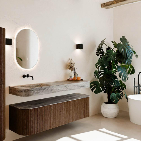 MONDIAZ THOR-DLUX Meuble de salle de bains - 160cm - arrondi gauche + droite - couleur Walnut - 1 tiroir et 2 portes - Vasque suspendue CLOUD Gauche sans trou de robinet - couleur Oza SW1465281
