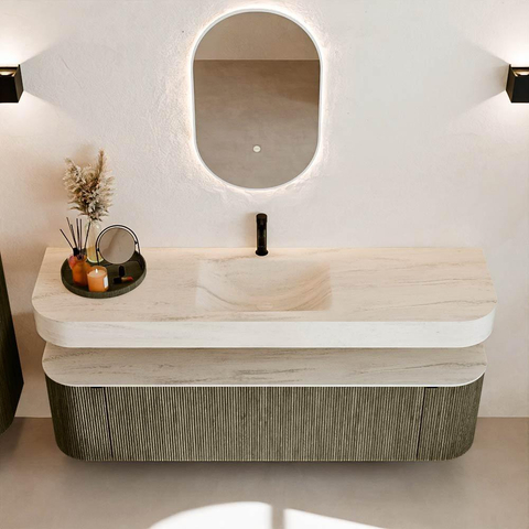 MONDIAZ THOR-DLUX 170cm meuble de salle de bains arrondi gauche + droite couleur Shadow avec 1 tiroir et 2 portes. Vasque suspendue CLOUD Milieu 1 trou de robinet couleur Meli. SW1465771
