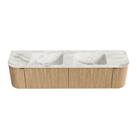 MONDIAZ KURVE-DLUX Meuble de salle de bains 180cm avec module 25 Len R couleur Oak avec 2 tiroirs et 2 portes. Lavabo LEAF double 2 trous de robinet couleur Frappe. SW1137387