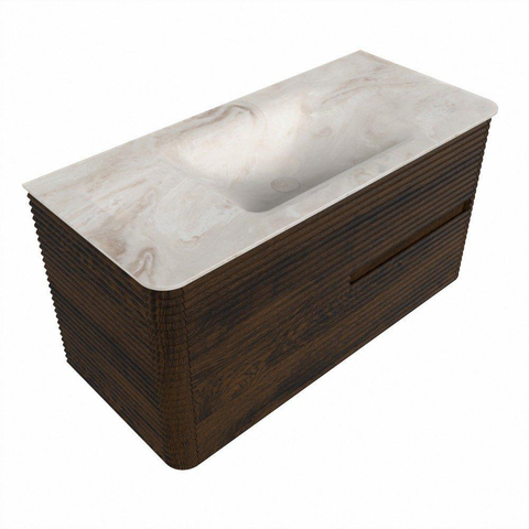 Mondiaz CIRO-DLUX Badkamermeubelset - 100x45x50cm - Solid surface wastafel Frappe - 1 wasbak Midden - zonder kraangaten - 2 lades - Walnut SW1530275