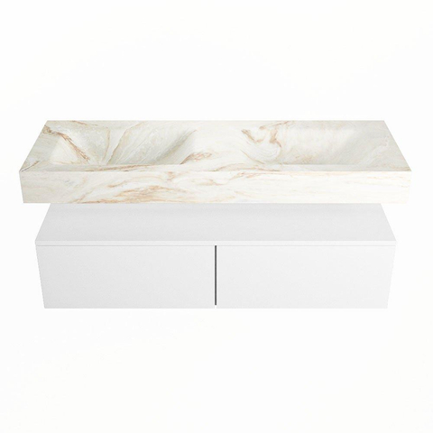 Mondiaz ALAN-DLUX Ensemble de meuble - 130cm - meuble Talc mat - 2 tiroirs - Lavabo Cloud Frappe suspendu - vasque Gauche et droite - 0 trous de robinet SW804862
