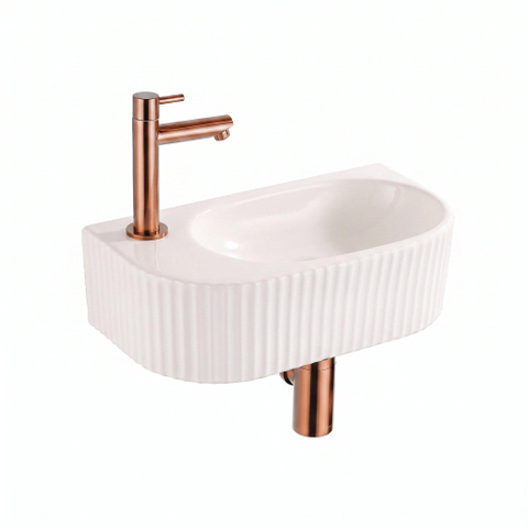QeramiQ Fuente Lavabo pour WC - 40x22x12 cm - nervure - demi-rond - trou de robinet de Lavabo pour WC a gauche - ceramique - robinet de Lavabo pour WC cuivre brosse - siphon bas - bonde - lin SW1583214