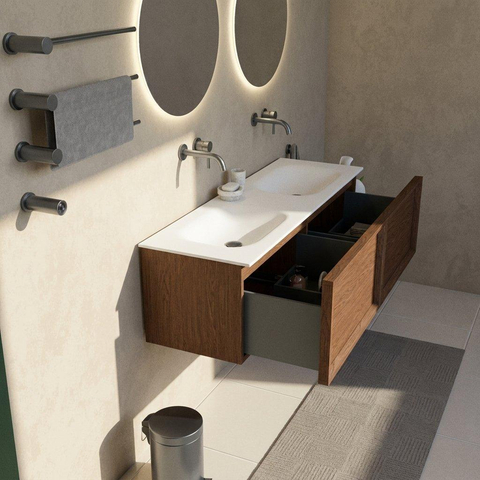 Saniclass Holz Frame Badkamermeubelset - 140x45x41.5cm - Flow solid surface wastafel wit - 2 wasbakken - zonder kraangaten - 2 lades - mat walnut pure (hout) SW1478433