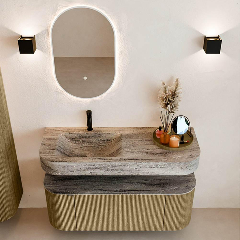 MONDIAZ THOR-DLUX 120cm meuble de salle de bains arrondi gauche + droite couleur Dusk avec 1 tiroir et 2 portes. Vasque suspendue CLOUD gauche 1 trou de robinet couleur Oza. SW1463457