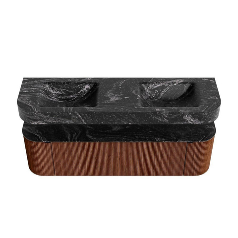 MONDIAZ THOR-DLUX 160cm meuble de salle de bains arrondi gauche + droite couleur Ruby avec 1 tiroir et 2 portes. Vasque suspendue CLOUD Double sans trou de robinet couleur Lava. SW1465172