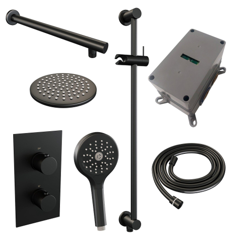 Brauer Black Edition Ensemble de douche pluie encastré - douche principale 20cm - bouton lisse - douchette ronde 3 positions - glissière - noir mat SW538464