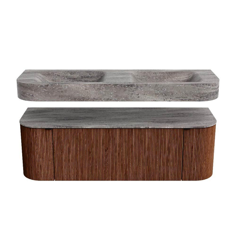 MONDIAZ THOR-DLUX 140cm badmeubel ronding links + rechts kleur Ruby met 1 lade en 2 deuren. Vrijhangende wastafel CLOUD Dubbel zonder kraangat kleur Oza. SW1464308