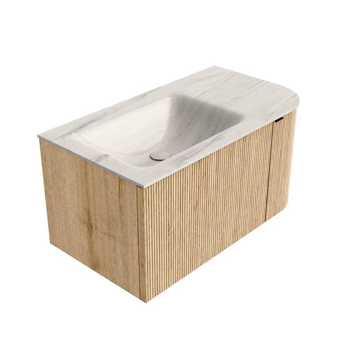 MONDIAZ KURVE-DLUX Meuble de salle de bains 85 cm arrondi à droite couleur Chêne avec 1 tiroir et 1 porte. Lavabo CLOUD à gauche sans trou de robinet Meli. SW1431560