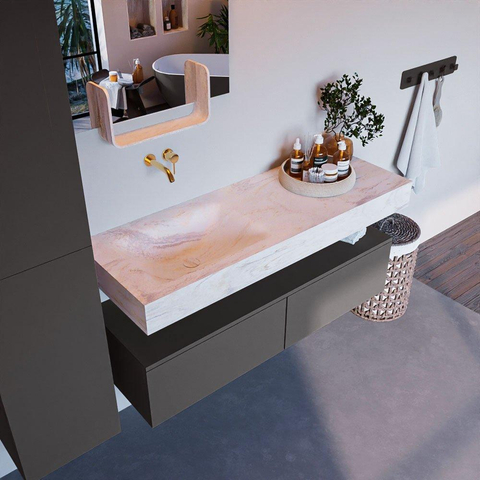 Mondiaz ALAN-DLUX Ensemble de meuble - 130cm - meuble Dark grey mat - 2 tiroirs - Lavabo Cloud Ostra suspendu - vasque gauche - 0 trous de robinet SW807419