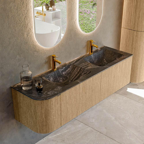 MONDIAZ KURVE-DLUX Meuble de salle de bains 155cm avec module 25 L couleur Chêne avec 2 tiroirs et 1 porte. Lavabo LEAF double / droite 2 trous de robinet couleur Lava. SW1137173