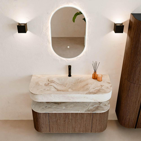 MONDIAZ THOR-DLUX 110cm badmeubel ronding links + rechts kleur Walnut met 1 lade en 2 deuren. Vrijhangende wastafel CLOUD Midden 1 kraangat kleur Frappe. SW1462773