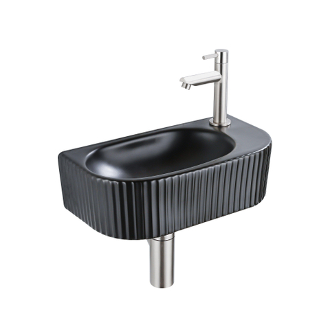 QeramiQ Fuente fonteinset – halfrond – 40x21.5x12 cm – kraangat rechts – kraan geborsteld RVS – geribbeld SW1233019