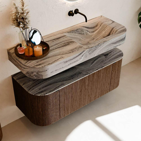 MONDIAZ THOR-DLUX 120cm badmeubel ronding links + rechts kleur Walnut met 1 lade en 2 deuren. Vrijhangende wastafel CLOUD Rechts zonder kraangat kleur Sombra. SW1463638