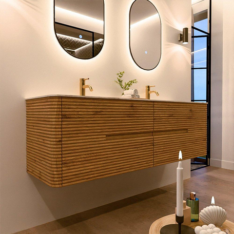 Mondiaz CIRO-DLUX Ensemble de meubles de salle de bains - 160x45x50cm - Plan vasque solid surface Ostra - 2 vasques double - 2 trous de robinetterie - 4 tiroirs - Chêne SW1530940