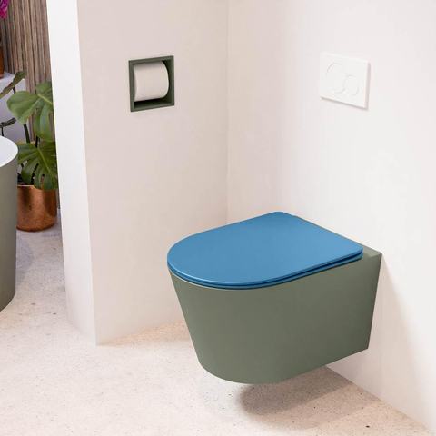 Mondiaz LAVIE hangtoilet – spoelrandloos – 36 x 53 cm – met softclose zitting – Army (groen), zitting Jeans (blauw) SW1208632