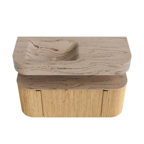 MONDIAZ THOR-DLUX 110cm meuble de salle de bains arrondi gauche + droite couleur Oak avec 1 tiroir et 2 portes. Vasque suspendue CLOUD Gauche sans trou de robinet couleur Arena. SW1462906