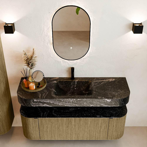 MONDIAZ THOR-DLUX Meuble de salle de bains - 140cm - arrondi gauche + droite - couleur Dusk - 1 tiroir - 2 portes - Vasque suspendue CLOUD centrale 1 trou de robinet - couleur Lava SW1464136
