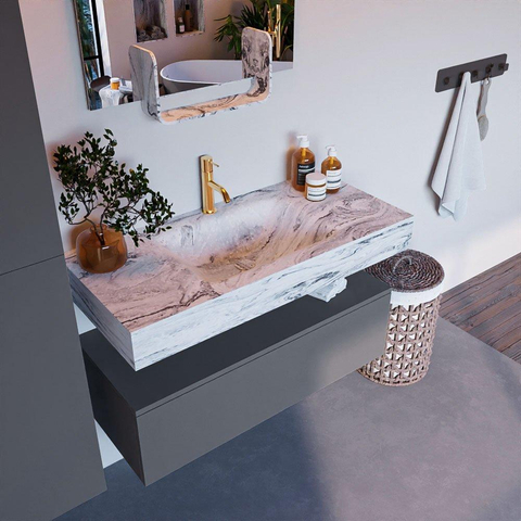 Mondiaz ALAN-DLUX Ensemble de meuble - 100cm - meuble Plata mat - 1 tiroir - Lavabo Cloud Glace suspendu - vasque Centre - 1 trou de robinet SW806248