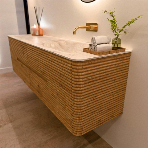 Mondiaz CIRO-DLUX Badkamermeubelset - 170x45x50cm - Solid surface wastafel Frappe - 1 wasbak Rechts - zonder kraangaten - 4 lades - Oak SW1530876