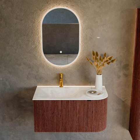 Mondiaz KURVE-DLUX Ensemble de meuble de salle de bains - 85x46x40cm - 1 tiroir - 1 porte - lavabo solid surface - gauche - 1 trou de robinet - Ruby SW1415722