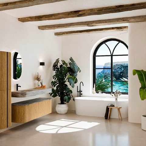 MONDIAZ THOR-DLUX 150cm badmeubel ronding links + rechts kleur Oak met 1 lade en 2 deuren. Vrijhangende wastafel CLOUD Links 1 kraangat kleur Oza. SW1464842