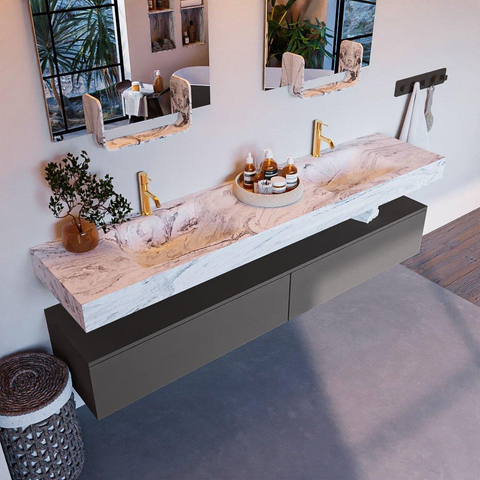 Mondiaz ALAN-DLUX Ensemble de meuble - 200cm - meuble Dark grey mat - 2 tiroirs - Lavabo Cloud Glace suspendu - vasque Gauche et droite - 2 trous de robinet SW804859