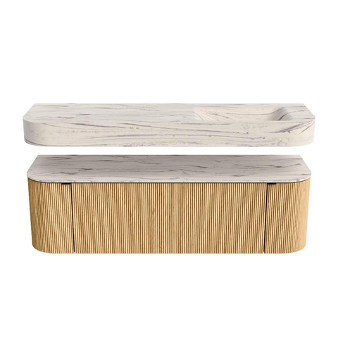 MONDIAZ THOR-DLUX 150cm badmeubel ronding links + rechts kleur Oak met 1 lade en 2 deuren. Vrijhangende wastafel CLOUD Rechts 1 kraangat kleur Nata. SW1464799