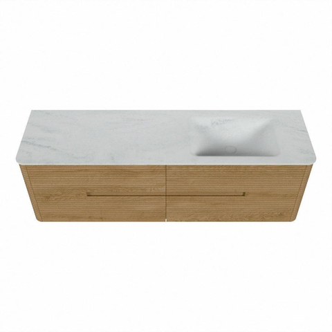 Mondiaz CIRO-DLUX Meuble de salle de bains - 160x45x50cm - Plan vasque solid surface Opalo - 1 vasque à droite - sans trous de robinet - 4 tiroirs - Chêne SW1530914